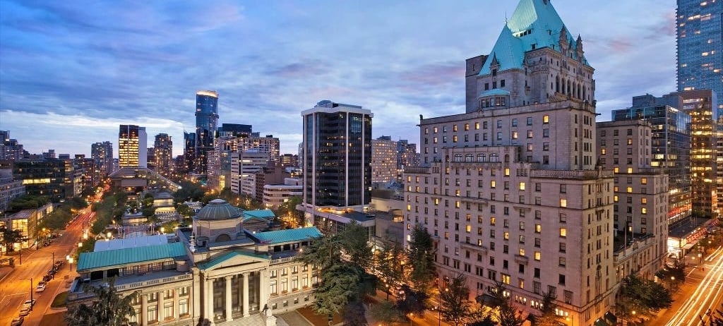 exterior aerial shot of hotel vancouver in the evening