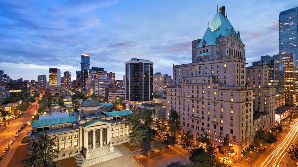 exterior aerial shot of hotel vancouver in the evening