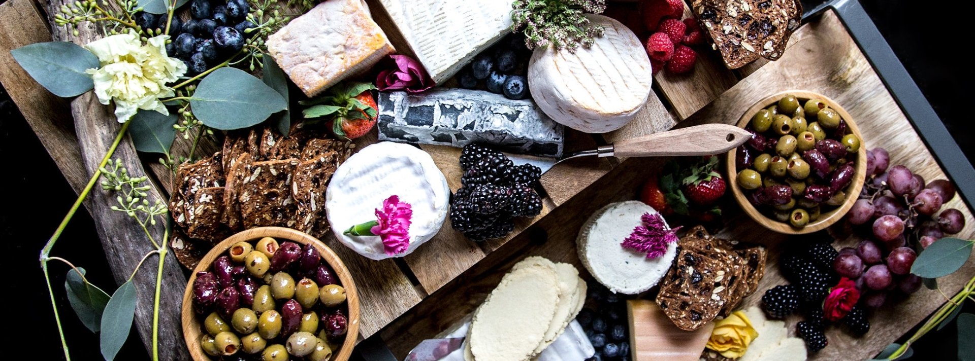 Overhead view of beautiful cheese and olive board at Fairmont Hotel Vancouver