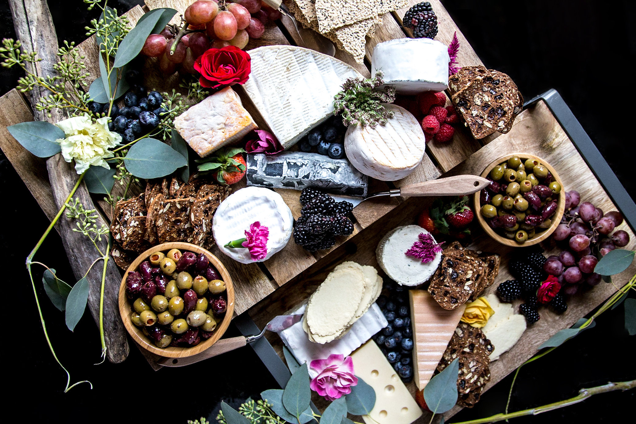 Overhead view of beautiful cheese and olive board at Fairmont Hotel Vancouver