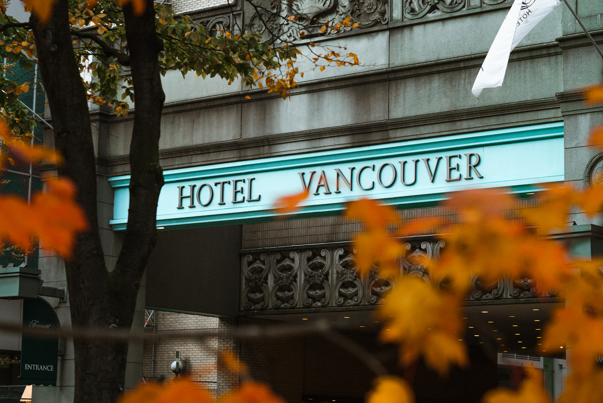 Copper sign for Hotel Vancouver in autumn