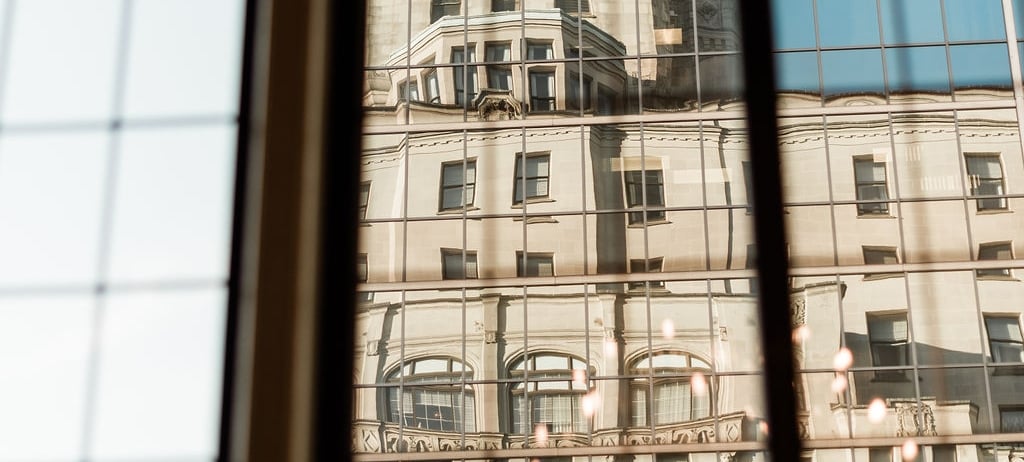 Exterior view of Fairmont Hotel Vancouver reflection