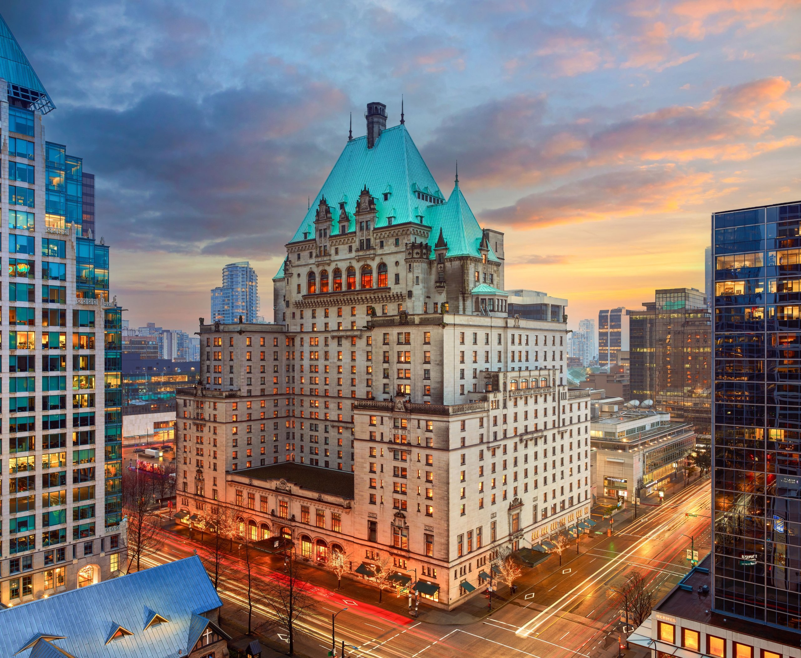 Fairmont Hotel Vancouver exterior | dusk