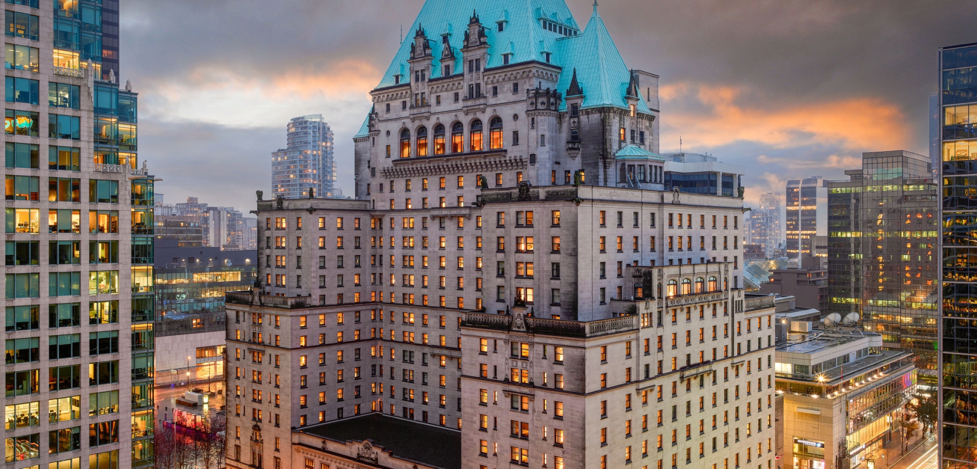Fairmont Hotel Vancouver exterior | dusk